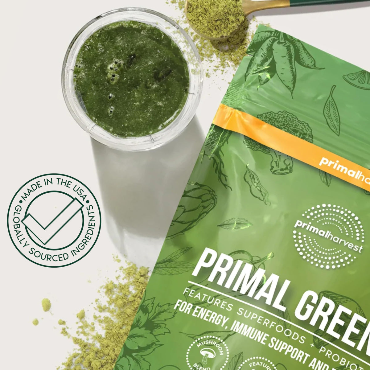 Primal Harvest Super Greens Powder, 30 Servings w/+50 Greens Superfood Chlorella, Probiotics, Green Tea, Wheatgrass