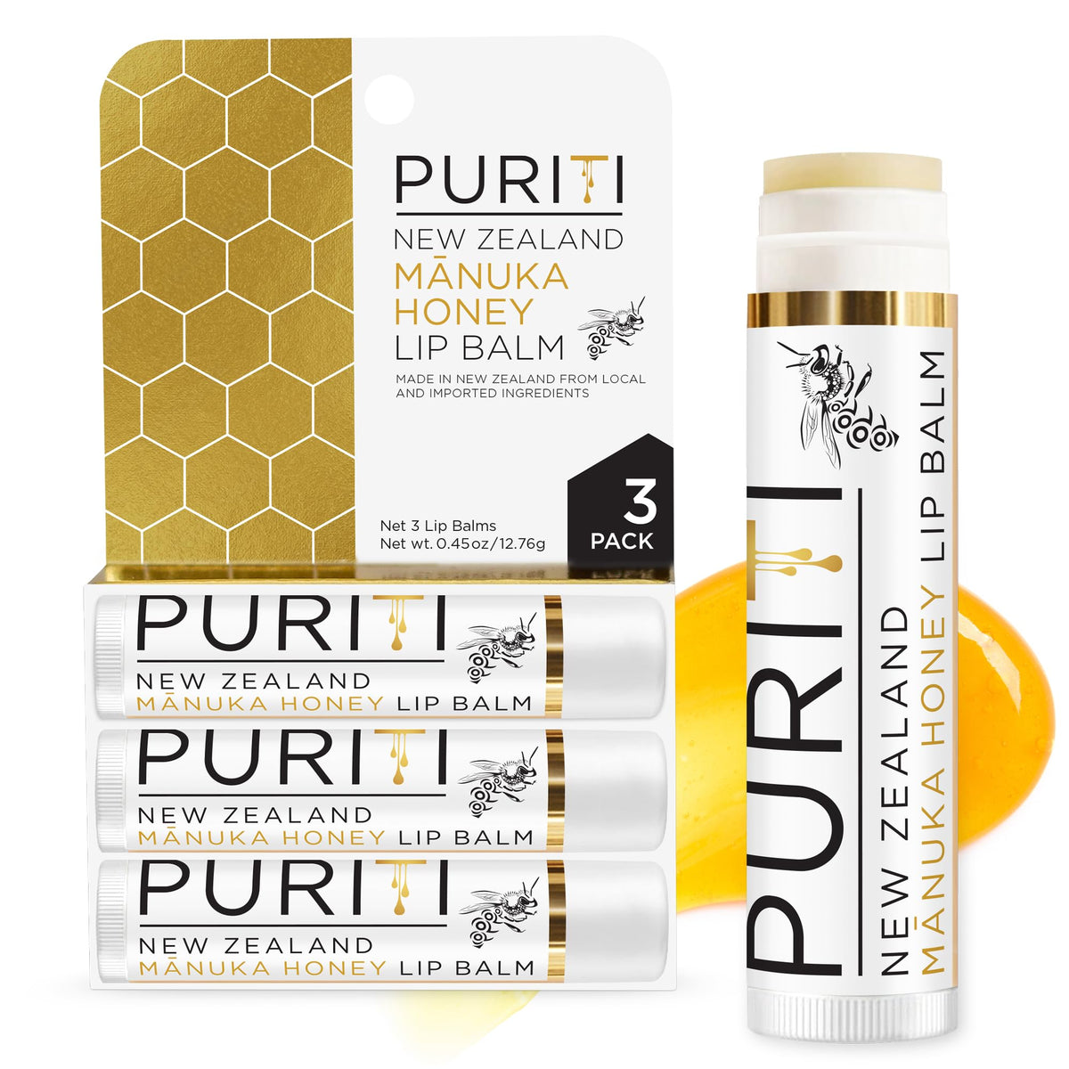 PURITI Manuka Honey Lip Balm - 3pack Soothing & Moisturizing, Enriched with Almond