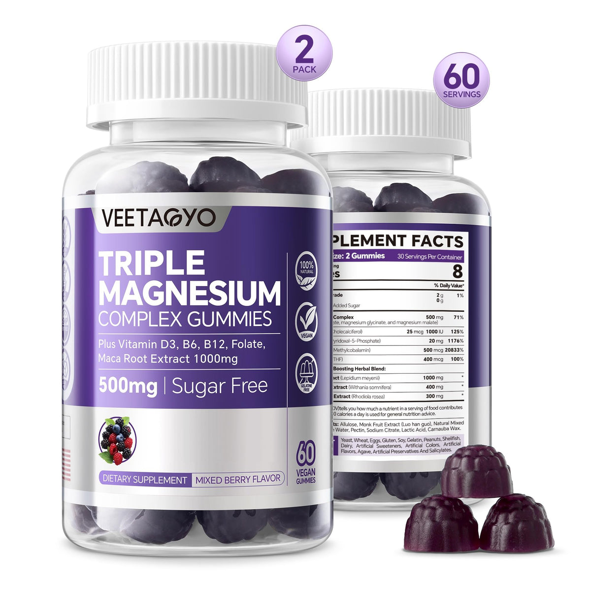 VEETAGYO Magnesium Gummies 500mg 400mg - High Absorption, Bone, Nerves, Muscle - 3 Forms of Magnesium Complex Supplement Glycinate,Taurate,Malate