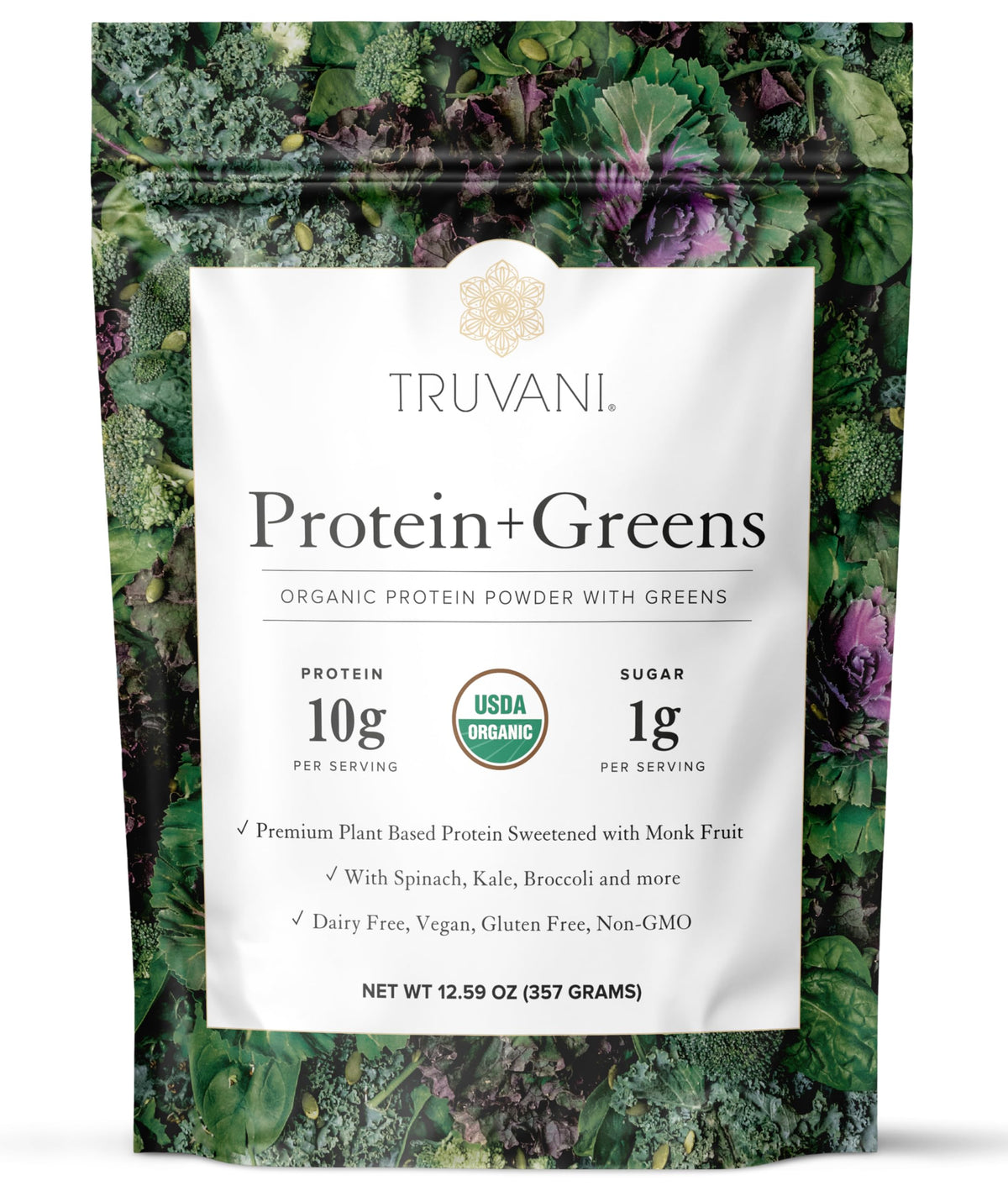 Truvani Protein + Greens Supplement - Spinach, Kale & Broccoli - 10g Organic Plant Based Protein - 20 Servings - USDA Organic - Gluten & Dairy Free