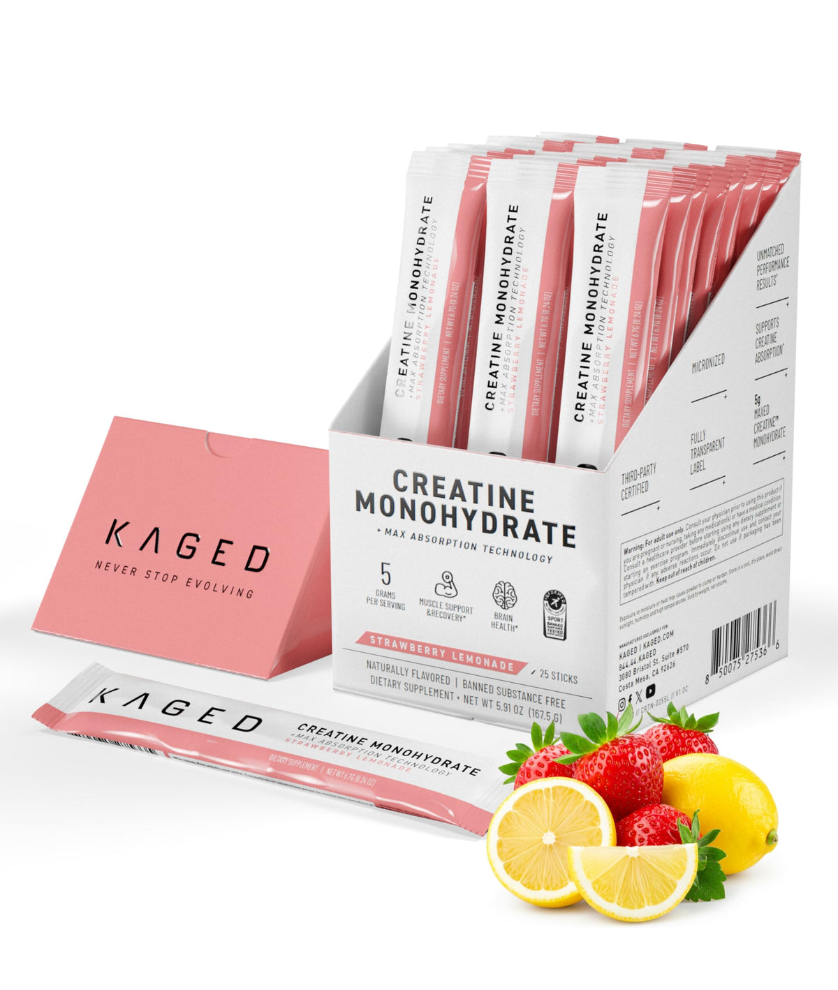 Kaged Creatine Monohydrate + Max Absorption Technology - Micronized Powder Stick Packs - Strawberry Lemonade - Muscle Building & Recovery - Brain Health