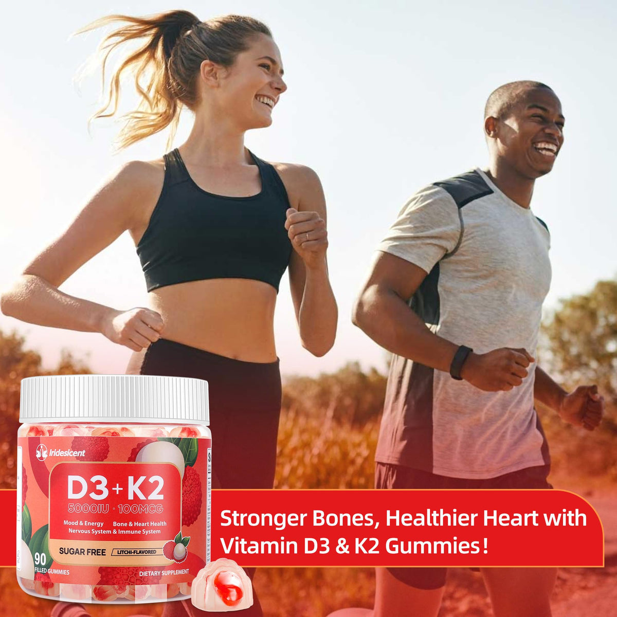 Vitamin D3 K2 Gummies w/Magnesium Sugar Free - 90 Count - D3 Vitamin 5,000 IU + K2(MK-7) 100 mcg - Vegan K2 D3 Vitamin Supplement, Highly Absorbent Supports Bone