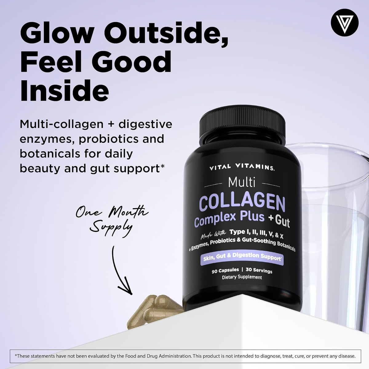 Vital Vitamins Multi Collagen Complex Plus + Gut, Probiotics & Enzymes - 5 Collagen Types I, II, III, V & X with Digestive Enzyme Blend, 3 Billion CFU Probiotic & Gut Botanicals, 90 Capsules