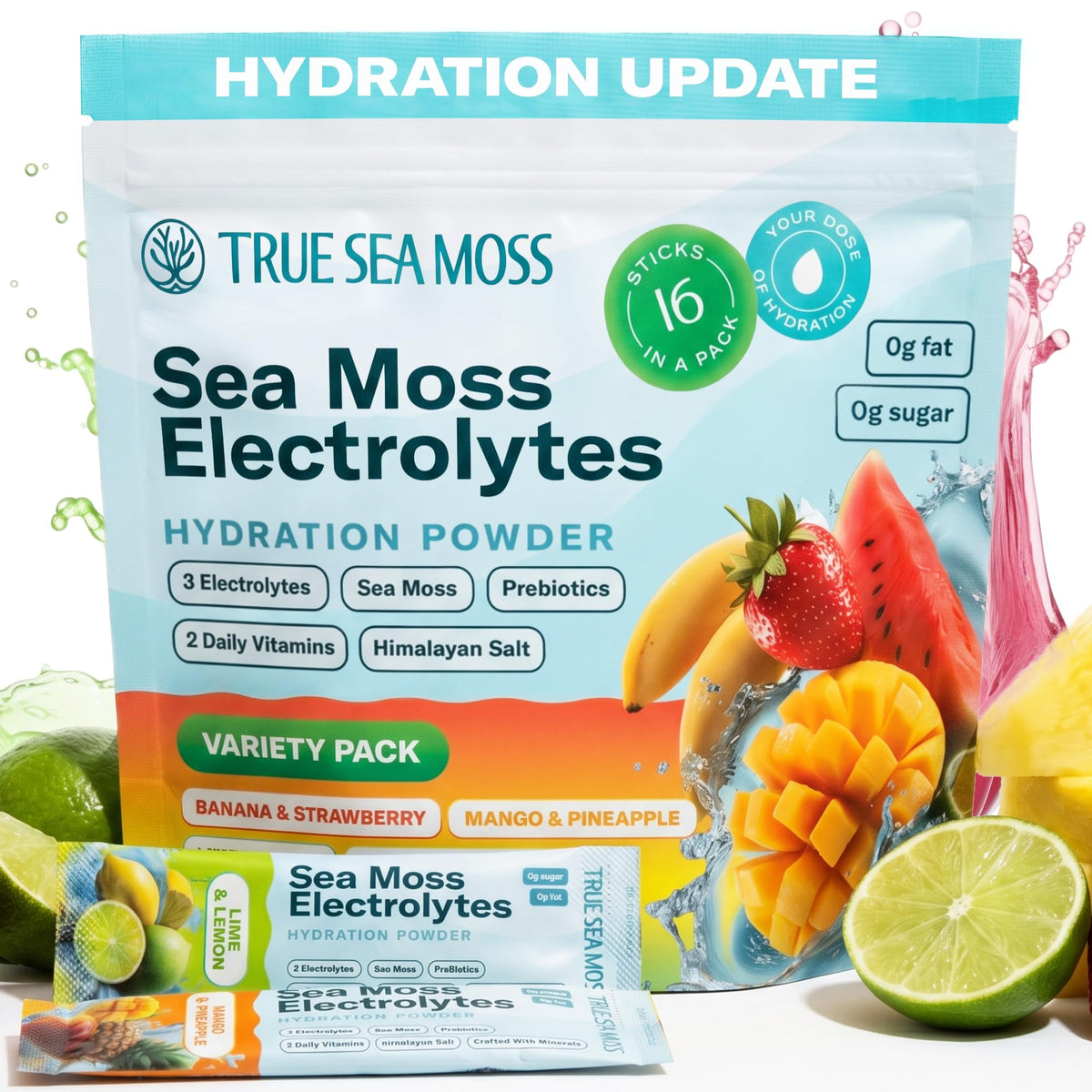 TrueSeaMoss Electrolytes Powder Packets - Made in USA - 16 Stickpacks - Hydration Powder with Sea Moss with Potassium - No Sugar Drinks - Variety Pack