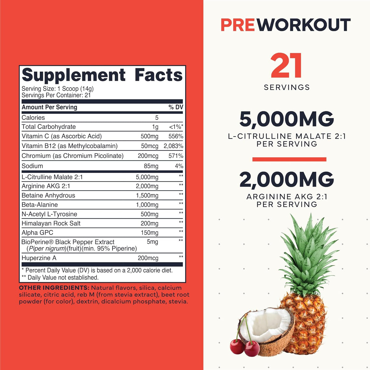 Type Zero Clean Stim Free Pre Workout Powder (Tropical Fruit Punch) 21 Serv - Nitric Oxide Booster with L-Citrulline Malate, Arginine AKG, Beta Alanine, Caffeine & Stimulant Free