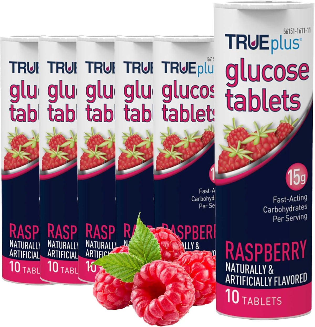 TRUEplus Glucose Tablets, Raspberry Flavor, 10 Count, 6 Tubes - Chewable Tablets, 15g Fast-Acting Carbohydrates, Fat Free, Gluten Free, Boosts Energy, Great Tasting and Easy to Use