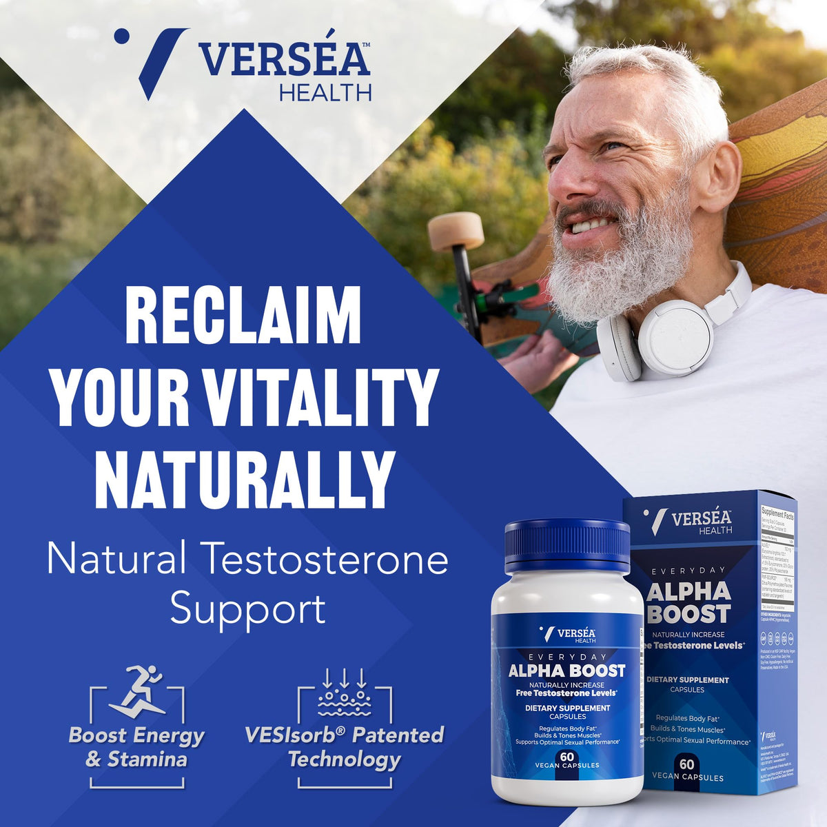 Natural Testosterone Support for Men & Women - Energy, Stamina & Vitality Supplement with VESIsorb - Verséa Alpha Boost (60 Capsules)