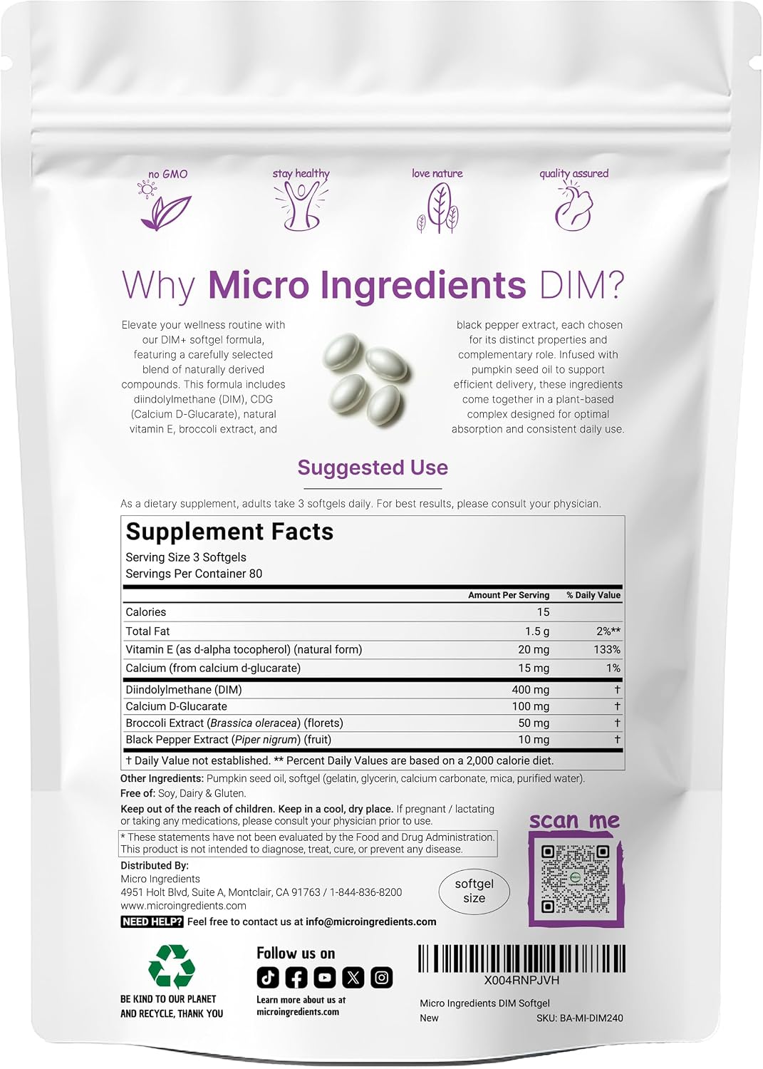 Micro Ingredients DIM+ Supplement 400mg for Men & Women - 240 Softgels with Pumpkin Seed Oil - Highly Bioavailable 7-in-1 Complex with Vitamin E, CDG, Broccoli & Black Pepper Extract