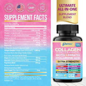 Parrox Collagen Peptides Types I, II, III, V & X, MCG Biotin, Keratin, Hyaluronic Acid, MSM, Zinc, Grape Seed Extract, Quercetin, Vitamin A, Vitamin C, Vitamin E, Magnesium, Folic Acid (90 Capsules) ParroxBuy Supplements Australia