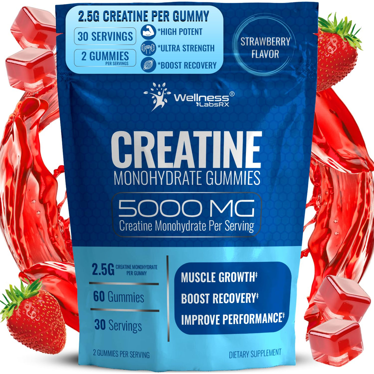 Creatine Gummies 5000mg, 30 Servings Creatine Monohydrate Gummies - Third-Party Tested Creatine for Women, Strawberry Flavor Creatine for Men, Muscle Growth