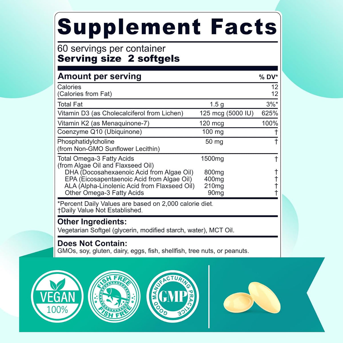 Vegan Omega 3 EPA DHA ALA Supplement + CoQ10, Vitamin D3 K2 (MK7) for Women Men - 1500mg Algae Oil as Fish Oil Alternative - Plant Based Omega 3 Mini Softgels for Bone, Brain, Eye, Skin - 120 Pills