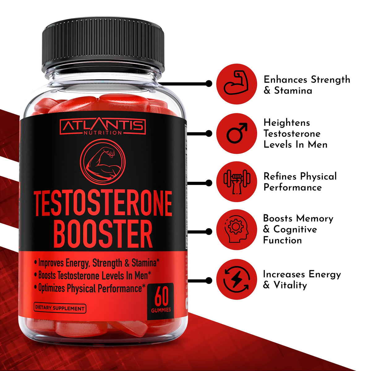 Testosterone Booster Gummies for Men - Strength, Stamina & Performance Support with Tribulus, Maca & Horny Goat Weed - Atlantis Nutrition (2 Pack, 120 Gummies)