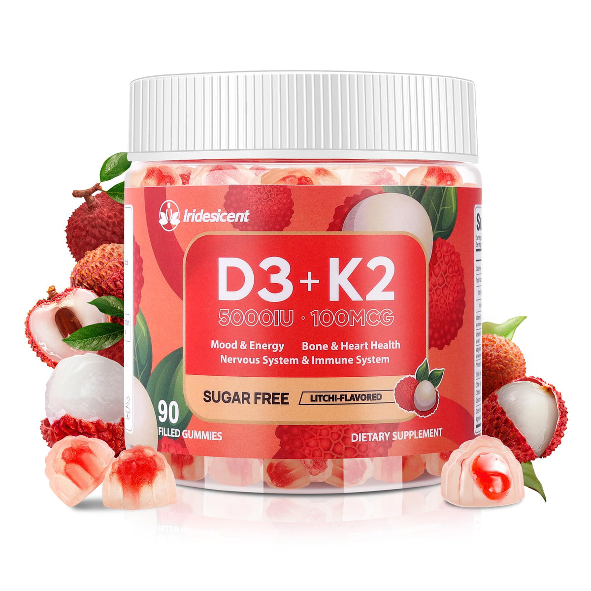 Vitamin D3 K2 Gummies w/Magnesium Sugar Free - 90 Count - D3 Vitamin 5,000 IU + K2(MK-7) 100 mcg - Vegan K2 D3 Vitamin Supplement, Highly Absorbent Supports Bone