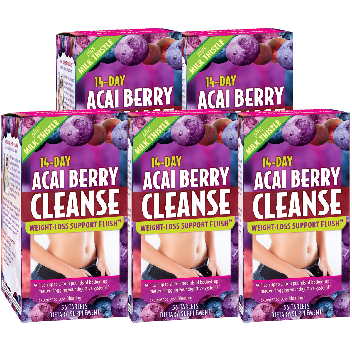 Applied Nutrition 14-Day Acai Berry Cleanse - 56 Tablets, Pack of 5 - Weight-Loss Support Flush + Milk Thistle - 140 Total Servings