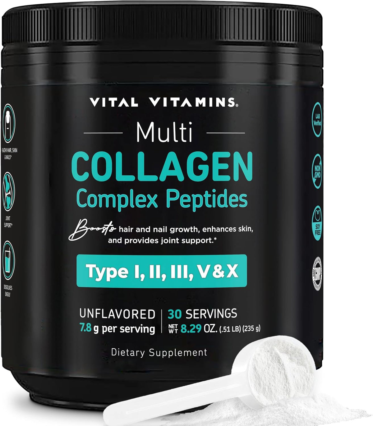 Vital Vitamins Multi Collagen Complex Powder for Hair, Skin, Nails & Joints - 5 Collagen Peptides Types I II III V & X, Unflavored, Easy to Dissolve, Scoop Included Inside, 30 Servings
