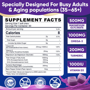 Magnesium Glycinate Gummies 500mg - Magnesium with Omega-3, Turmeric, Vitamin D3 & E | Magnesium Glycinate Soft Chews for Adults | for Sleep, Muscle & Brain | 60 Counts ELLAMENTZBuy Supplements Australia