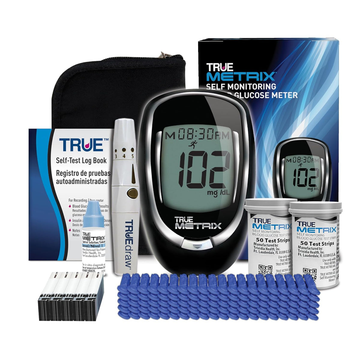TRUE METRIX Meter Kit, Glucose Monitor, Supplies, Log Book, Solution - Includes Blood Glucose Meter, Case, 100 Test Strips, 100 Lancets, Lancing Device, Control Solution, Log Book