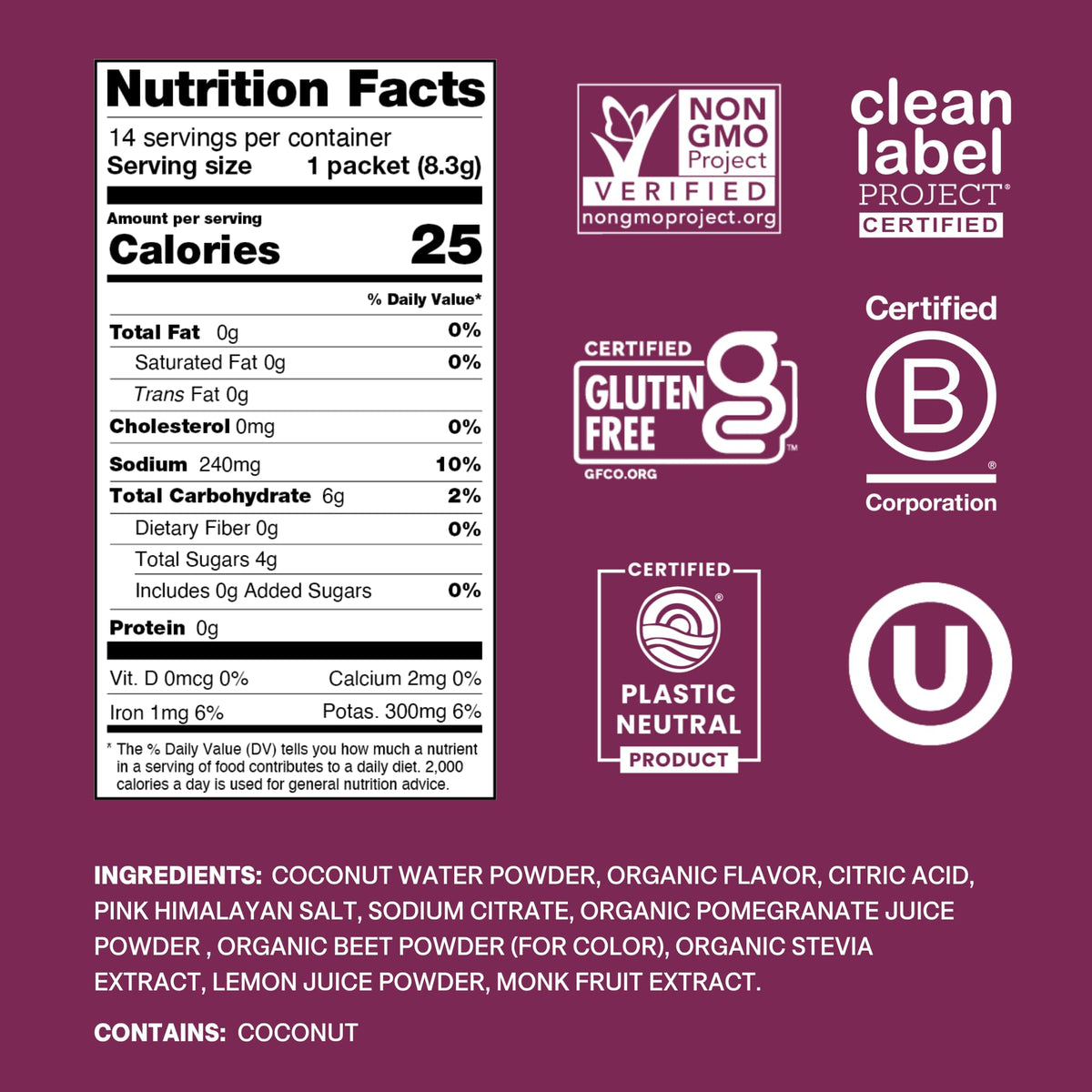 Plant-Based Electrolyte Drink Mix - No Added Sugar - FSA-HSA - Dehydration Relief Powder Made with Coconut Water - Non-GMO - Vegan