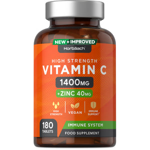 Vitamin C and Zinc | 180 Vegan Tablets | High Strength Vitamin C 1400mg and Zinc 40mg 