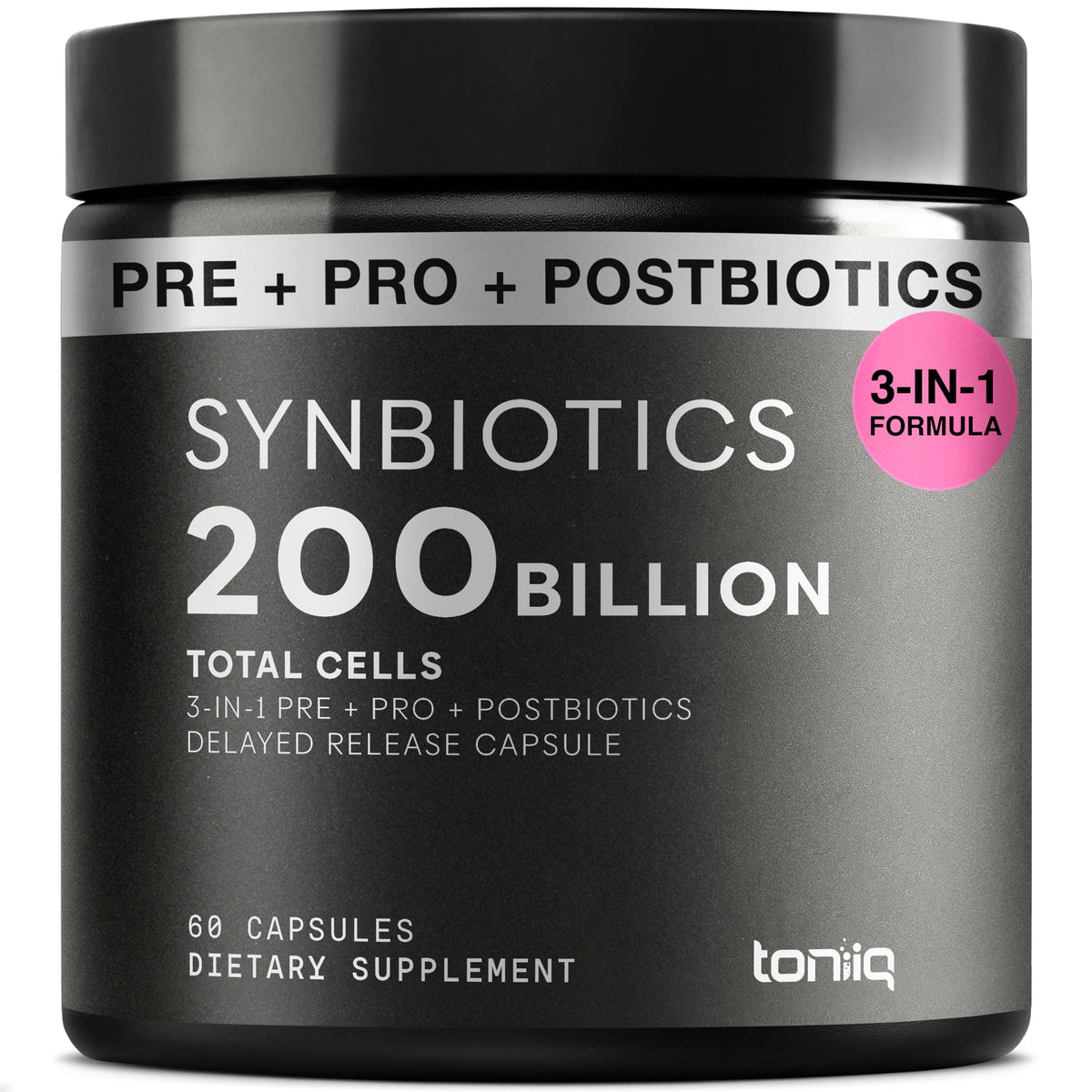 Toniiq Prebiotics and Probiotics - 200B CFU Synbiotic with Postbiotics IMMUSE & ButyraGen - 30 Strains for Gut & Digestive Health - Shelf-Stable