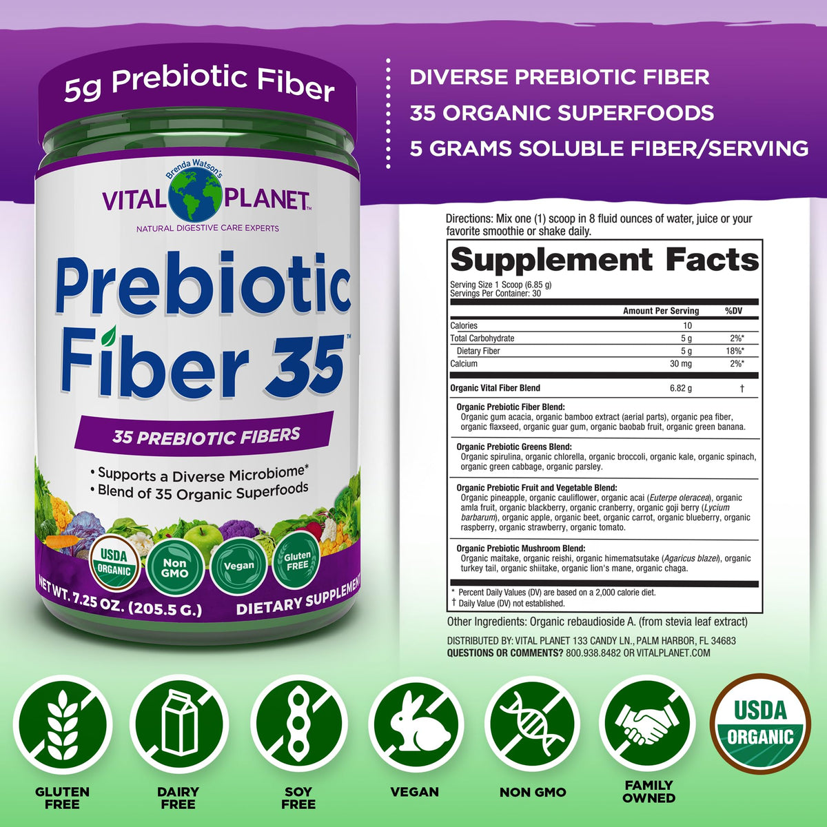 Vital Planet - Fiber 35 Powder Diverse Fiber Supplement for Dietary Support and Occasional Constipation with 35 Prebiotic Fibers and 35 Organic Superfoods to Maintain Bowel Regularity, 6.77 oz