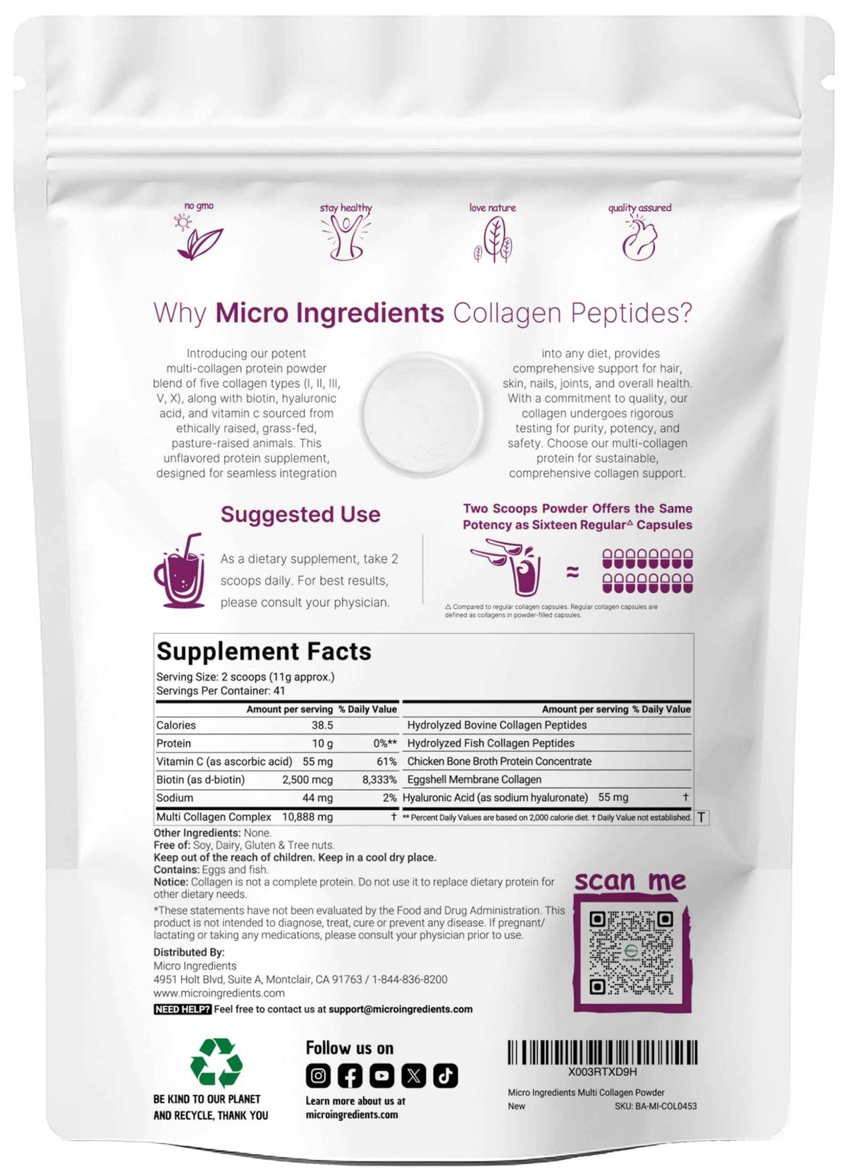 Micro Ingredients Multi Collagen Peptides Powder, 1lb – Hydrolyzed Type I,II,III,V,X with Biotin, Hyaluronic Acid, Vitamin C – Unflavored Collagen