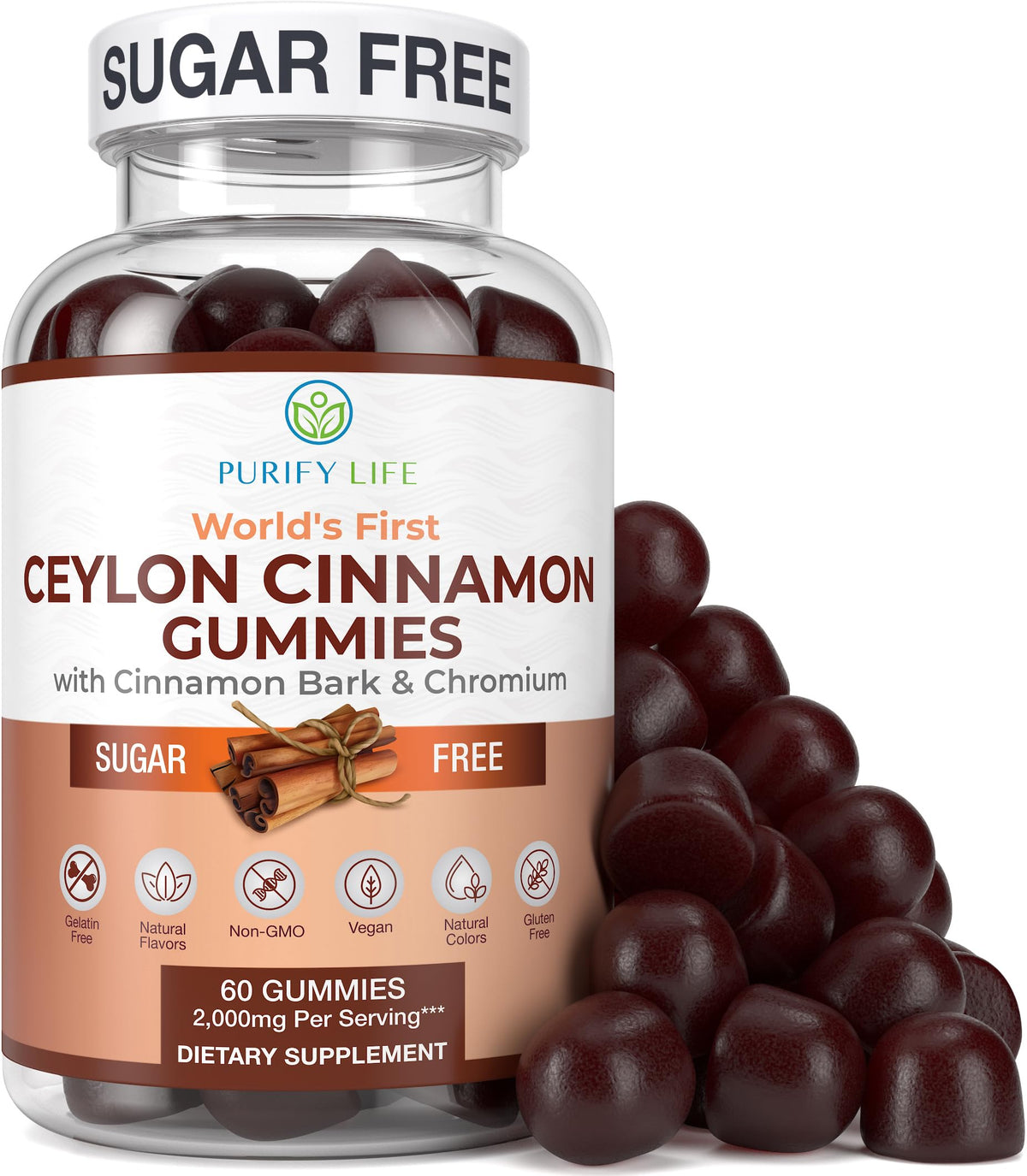 Sugar-Free Ceylon Cinnamon Gummies (2,000mg/Serving) - Vegan, Gluten-Free Herbal Cinnamon Supplement - Replace Cinnamon Capsules