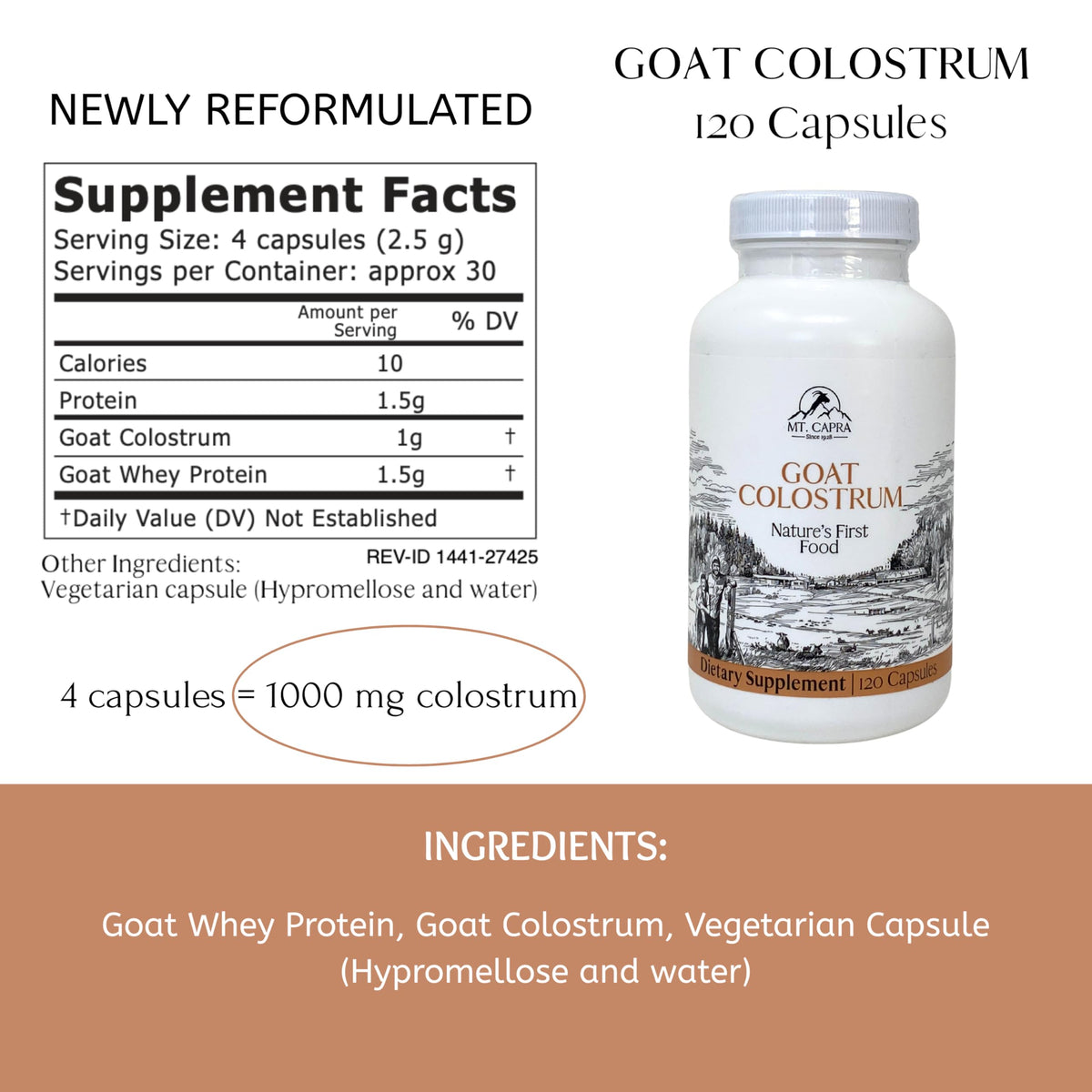 Mt. Capra Goat Colostrum - for Healthy Immune System, Gut, and Athletic Performance - Grass-Fed, High in Immunoglobulins - 30 Servings - 120 Capsules