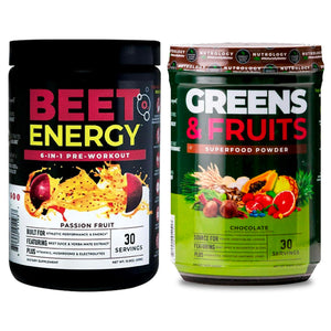 Two supplement containers labeled 'Beet Energy' and 'Greens & Fruits' on a white background.