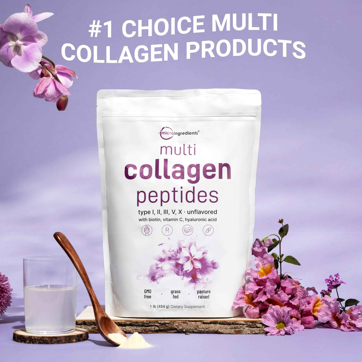 Micro Ingredients Multi Collagen Peptides Powder, 1lb – Hydrolyzed Type I,II,III,V,X with Biotin, Hyaluronic Acid, Vitamin C – Unflavored Collagen