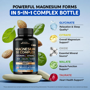 Magnesium Supplement - 5 in 1 Complex | Glycinate | Citrate | Malate | Taurate | Oxide - Made in USA - Stress, Muscle & Heart Support - Vegan, Natural, Non-GMO - 180 Capsules, 2 Month Supply NUTRAHARMONY buy supplements Au