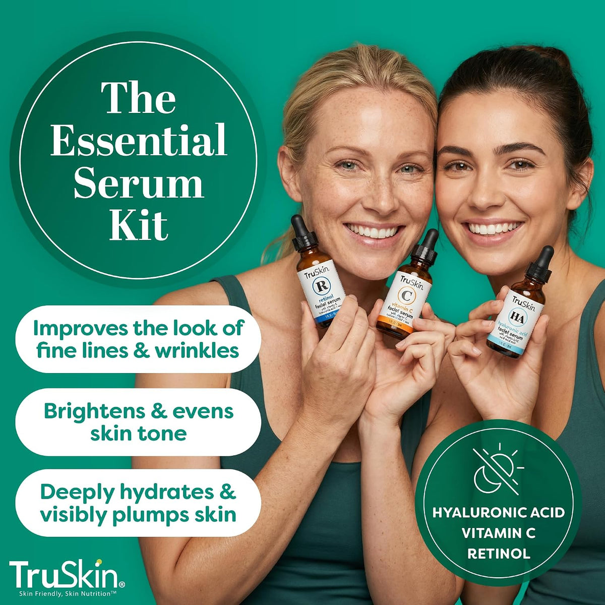 TruSkin Serum Trio with Vitamin C, Retinol & Hyaluronic Acid, 1 fl oz Each - Complete anti aging AM, PM & all-day skincare routine with coordinated serums to brighten, smooth & hydrate skin