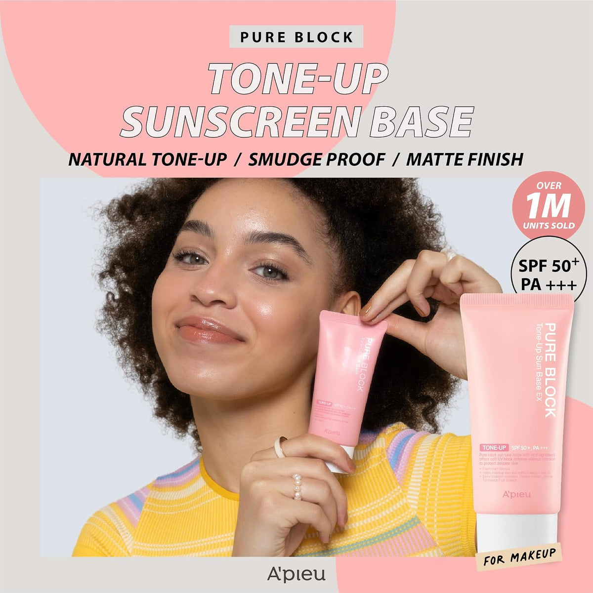 A'PIEU Pure Block Tone Up Sunscreen Base SPF5 50ml - Tone-Up Reef Safe Korean Sunscreen for Makeup Base