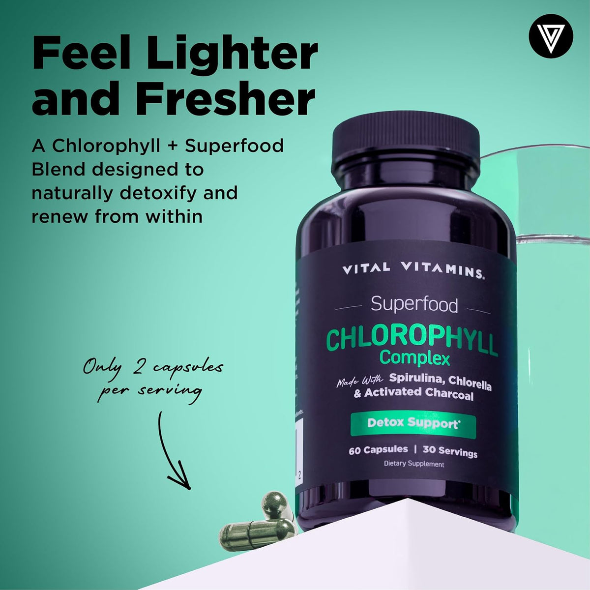Vital Vitamins Chlorophyll Pills with Spirulina, Chlorella & Charcoal - Detoxifies & Freshens from Within, Natural Body Deodorizer, Superfood Complex for Women & Men, 60 Capsules