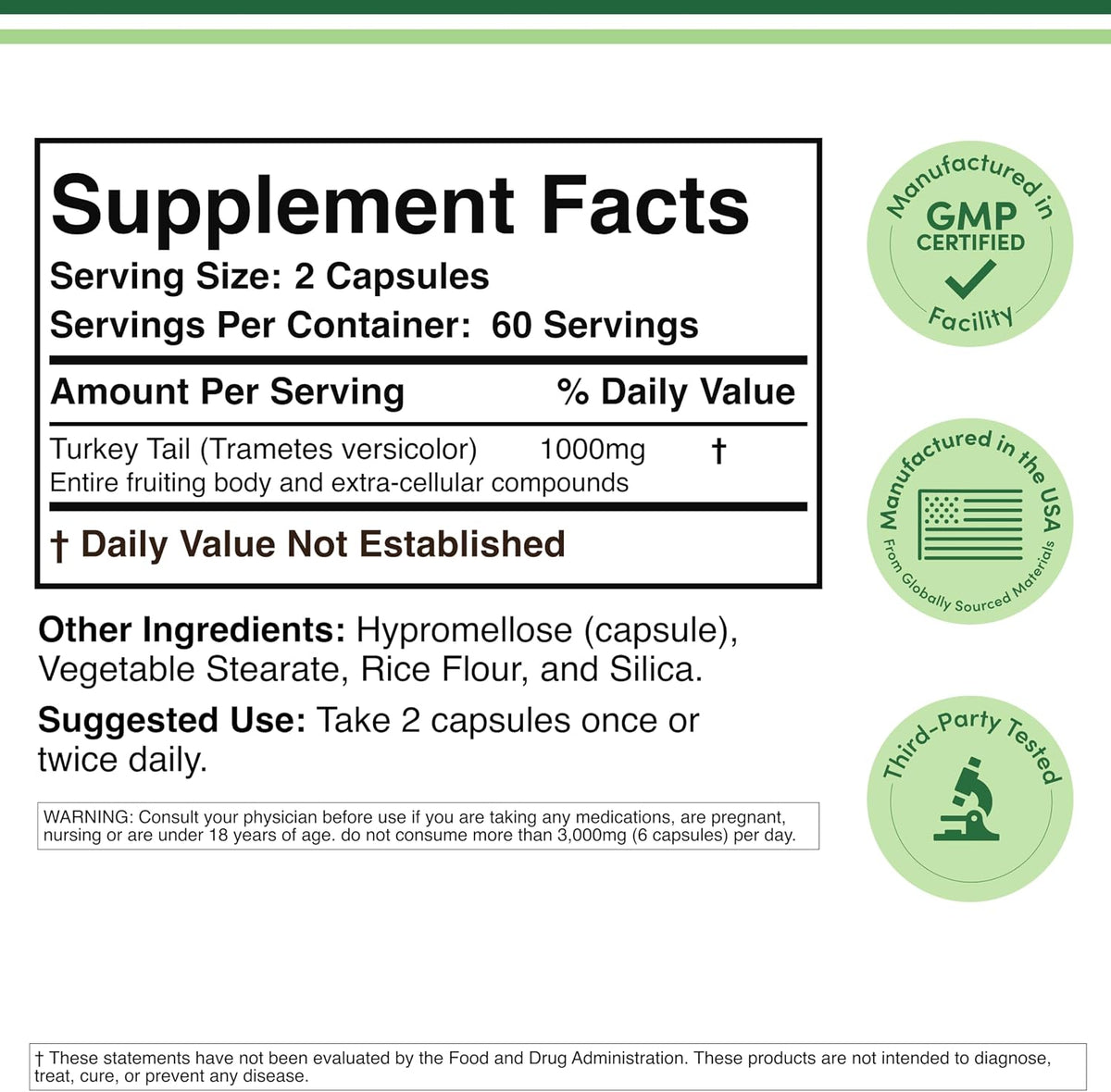 Turkey Tail Mushroom Supplement (120 Capsules - 2 Month Supply) (Coriolus Versicolor) Comprehensive Immune System Support, Non-GMO, Gluten Free, Grown and Encapsulated in The USA by Double Wood