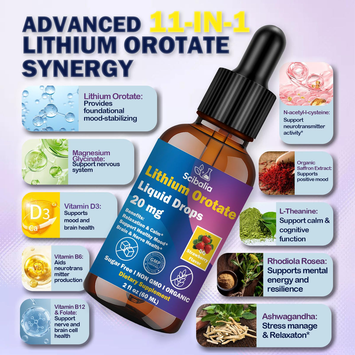 Scibalia Lithium Orotate Liquid Drops 20mg, Potency 11-in-1 Lithium Supplement w. NAC Magnesium Ashwagandha Theanine Vitamin D3 B6 B12 for Memory Brain Mood Cognitive Support
