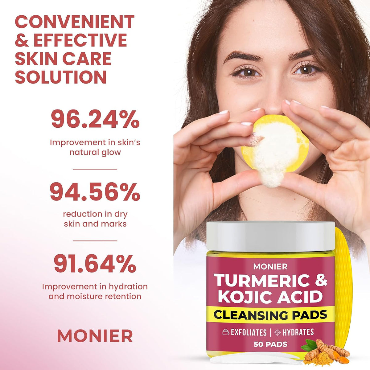 Turmeric Kojic Acid Cleansing Pads for Face Dark Spots - Hydrates & Plumps - With Vitamin C & E, Sensitive Skin Friendly (50 Pads)