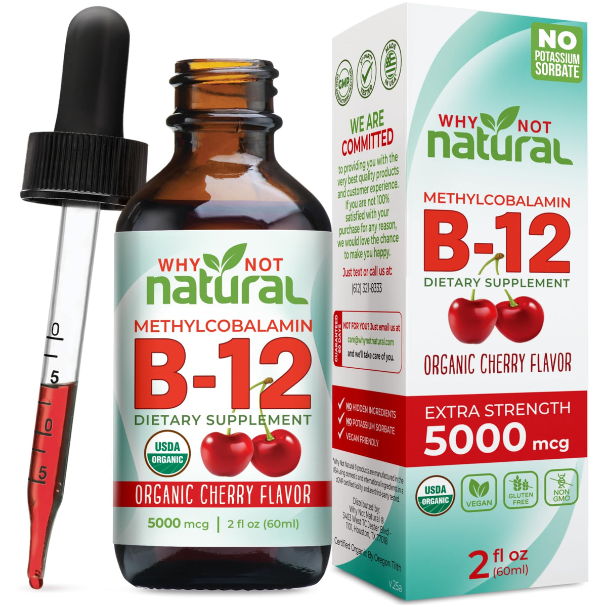 Why Not Natural Organic Vitamin B12 Liquid - Sublingual Extra Strength 60 x 5000 mcg Methylcobalamin Drops, Vegan