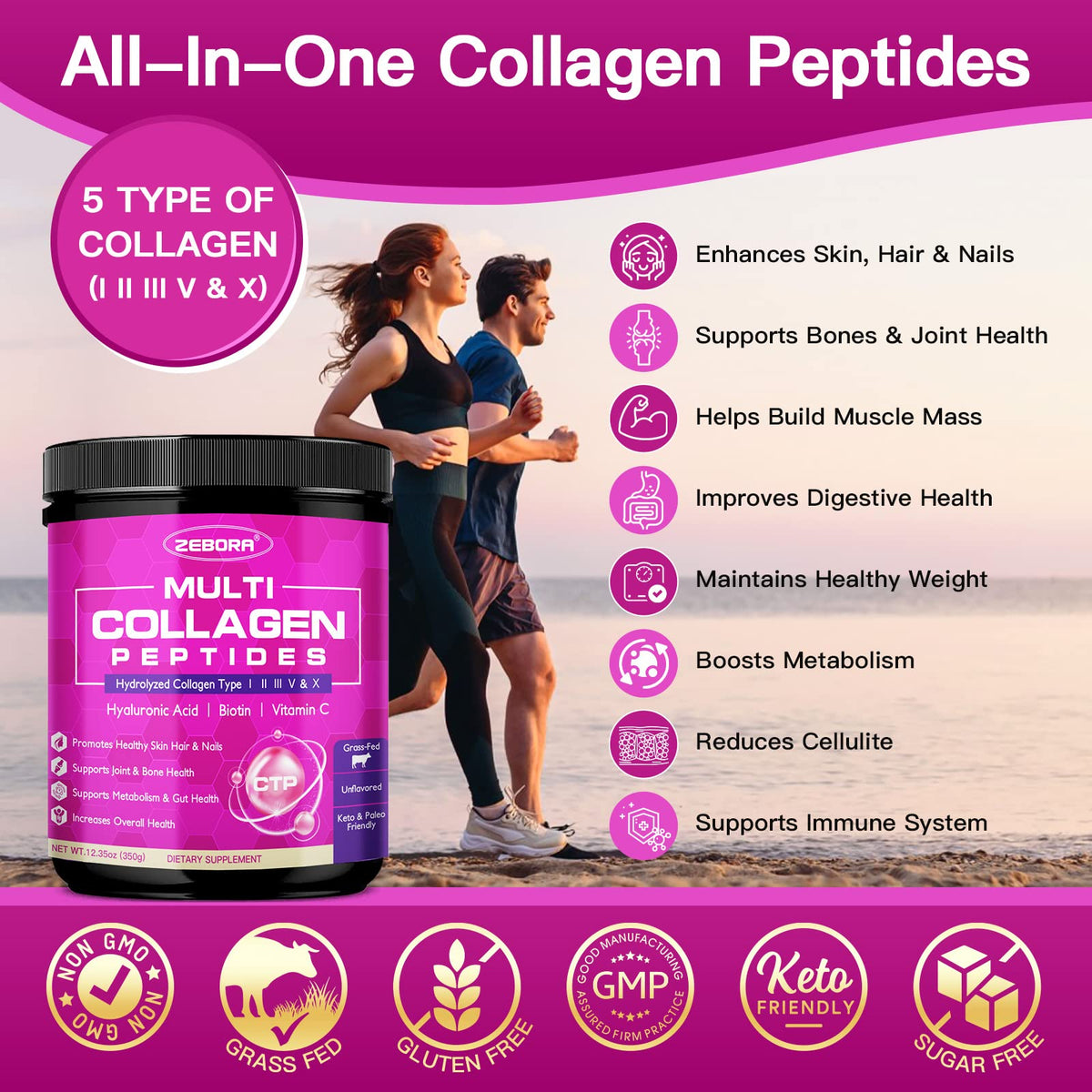 ZEBORA Multi Collagen Peptides Powder - Hydrolyzed Collagen Type I II III V X with Hyaluronic Acid, Biotin, Vitamin C - Support Skin Hair Nail Joints, Non-GMO, Unflavored, Keto Friendly ZEBORA buy supplements Au