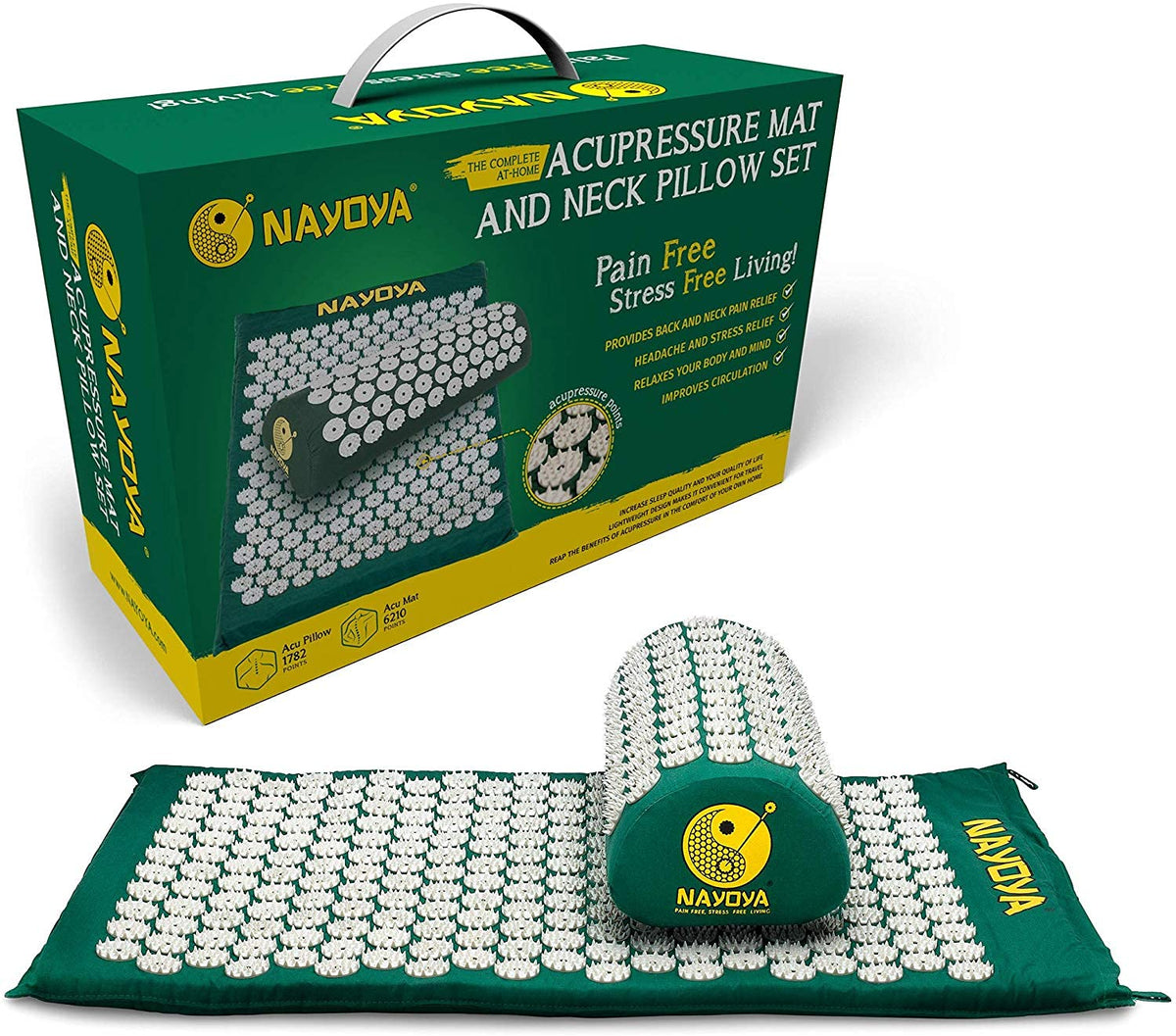 NAYOYA Neck and Back Pain Relief - Acupressure Mat and Neck Pillow Set - Relieves Stress and Sciatic Pain