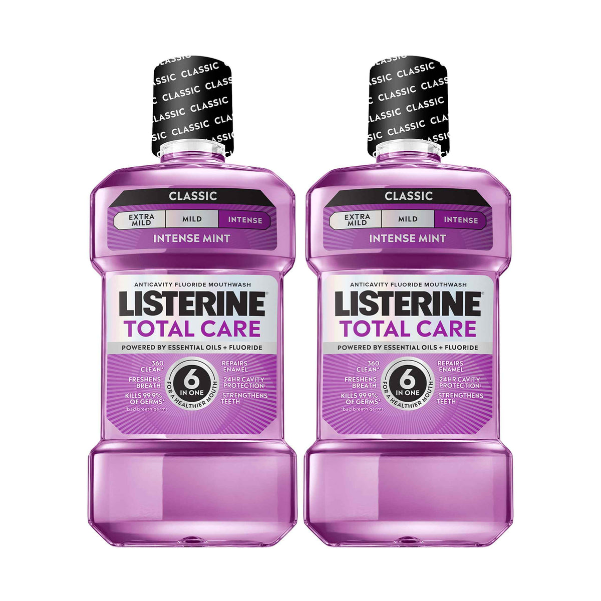 Listerine Mouthwash Total Care Anti Cavity Treatment for Adults Kills 99.9% of Bad Breath Germs in Intense Mint Antibacterial Fluoride Mouthwash,