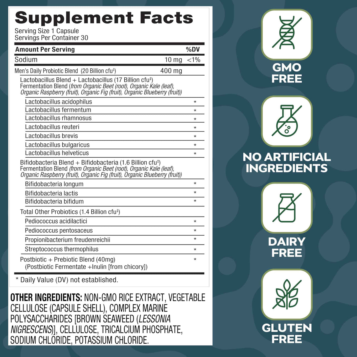 Social Naturals Men’s Probiotic | 20 Billion CFU | Prebiotic + Postbiotic Blend | Gut, Colon & Immune Support | Vegan | Shelf-Stable | 30 Capsules
