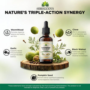 HEBRALICIOUS Wormwood Black Walnut Liquid Drops – Herbal Blend with Pumpkin Seed, Clove, Garlic & Oregano Oil – Alcohol Free Herbal Tincture – Liquid Dietary Supplement, 4 fl oz (120ml) HERBALICIOUSBuy Supplements Australia