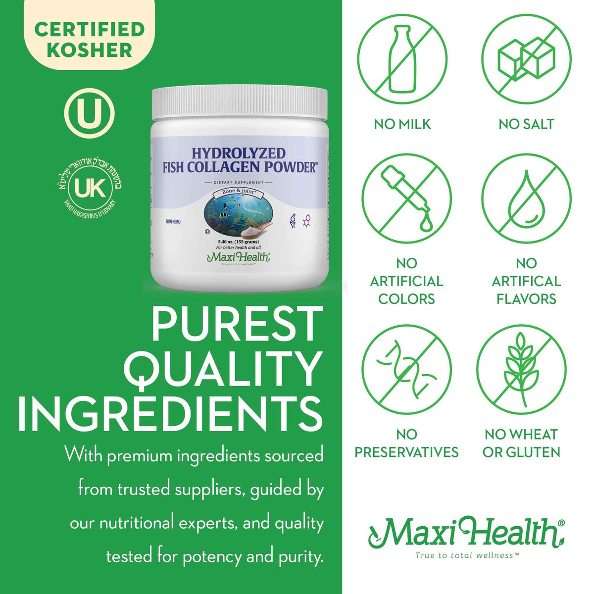Maxi Health Collagen Peptides Powder – Type I Unflavored Marine Powder Collagen for Women & Men - Wild-Caught Protein Supplement