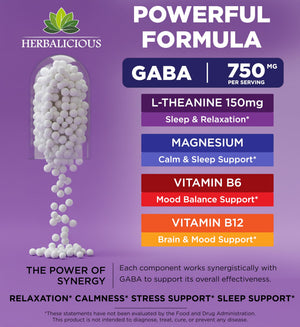 HERBALICIOUS GABA L-Theanine with Magnesium – Calm & Focus Support, Stress Relief, Relaxation + Mood Balance, Brain & Memory Support Supplement – Vitamin B6 + B12 Complex – 120 Capsules HERBALICIOUSBuy Supplements Australia