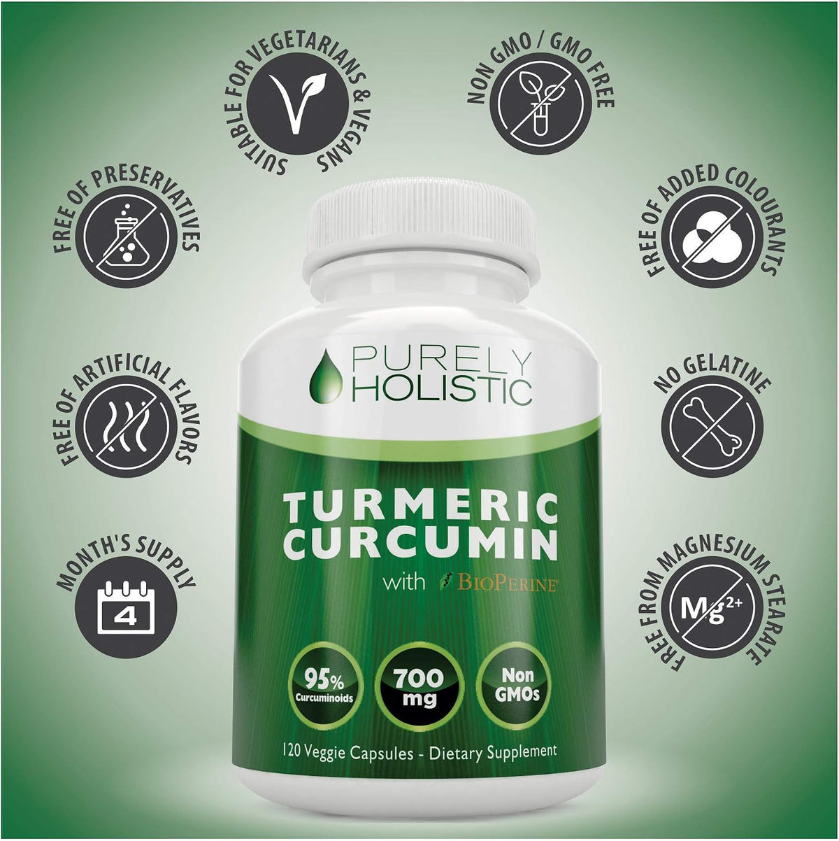 Turmeric Curcumin Supplement, Black Pepper, 95% Curcuminoid, 4 Month Supply - High-Absorption Formula, 700mg Per Serving, Once-Daily Turmeric with Black Pepper Curcumin Supplements, Non-GMO, 120 Capsules
