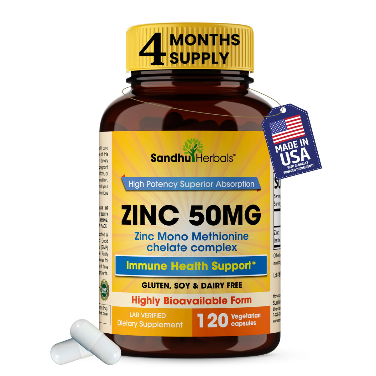 Zinc 50mg Capsules for Men and Women, 120 Count - Highly Absorbable Zinc Supplements for Immune System Support - Zink 50 mg Mono Methionine Chelated Complex