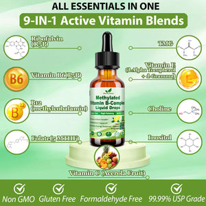 Methylated B Complex Liquid Drop Complete 9-in-1 Methyl B Vitamins w. B12 Methylfolate Inositol Choline TMG Vitamin C E, Super B-Complex Methylated for MTHFR Support, Energy Mood Nerve & Brain Health1 Vita PLynxeraBuy Supplements Australia