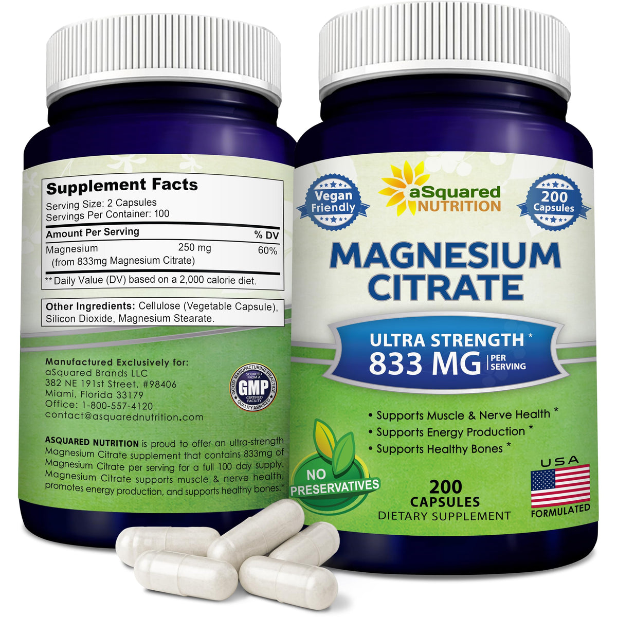 aSquared Nutrition Magnesium Citrate 833mg Supplement - 200 Capsules - Max Strength Vegan Mag Citrate Powder Pills to Support Pure Function of Muscles