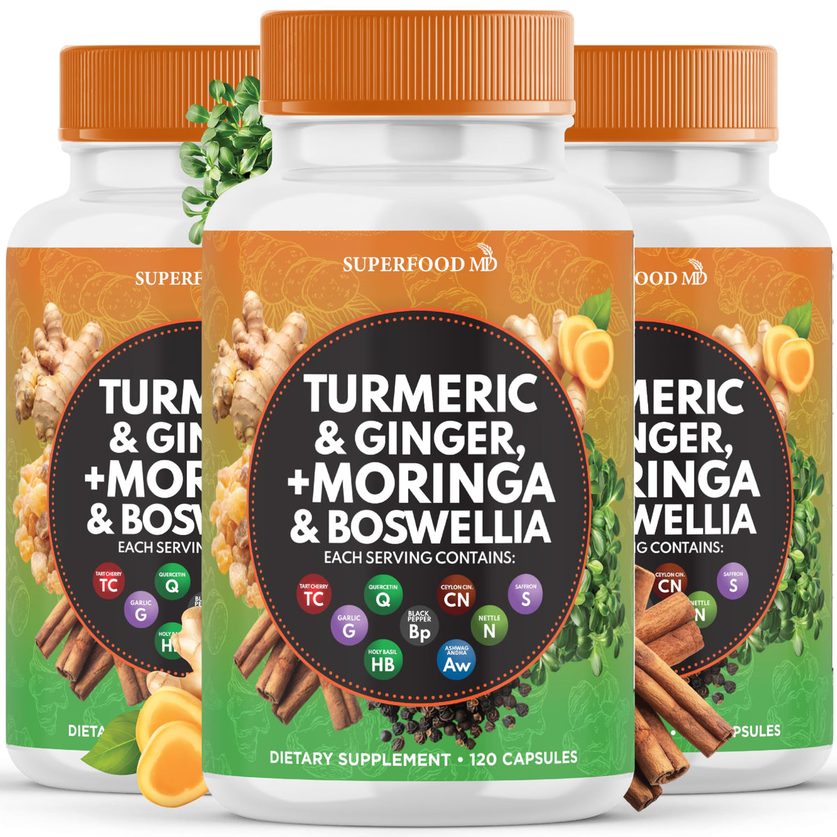 Turmeric Moringa Supplement - Ginger, Boswellia, Saffron, Holy Basil- Joint Support Supplement for Women and Men with Ceylon Cinnamon, Quercetin, Tart Cherry- 240 Count